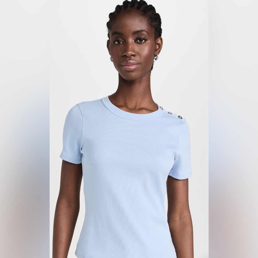 Veronica Beard Draya Ribbed Tee Ice Blue Button Shoulder Pima Cotton Size XL